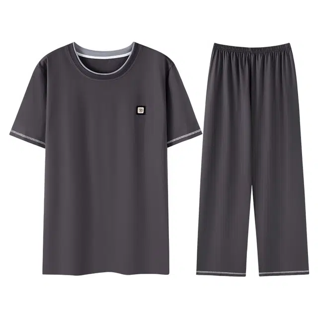 向薇 凉感圆领短袖上衣家居服长裤夏季睡衣套装 男款