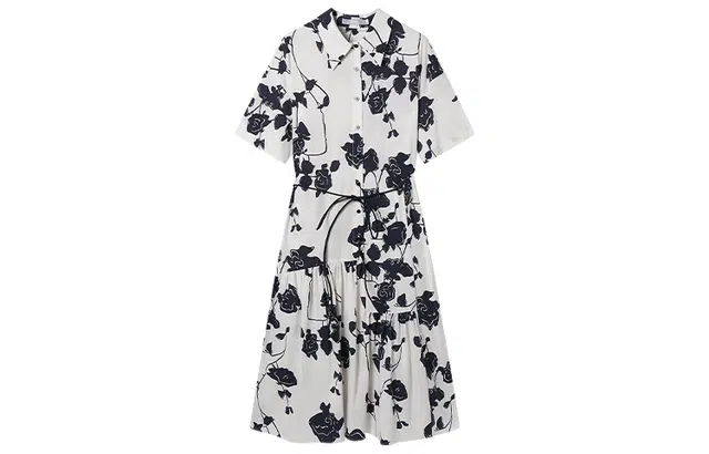 对白 碎花收腰不规则短袖连衣裙 黑白花