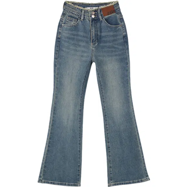 她池 复古时尚毛边长款高腰微喇裤水洗牛仔裤 女款 深蓝色