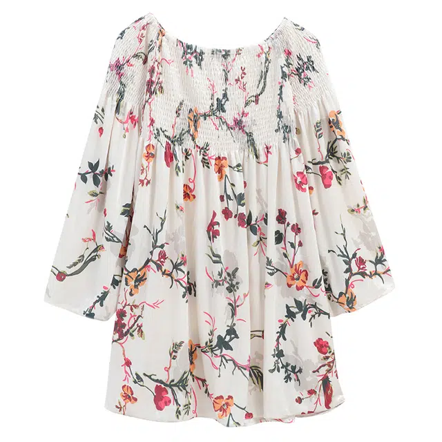 木清清 碎花宽松通勤长袖连衣裙 女款 白色