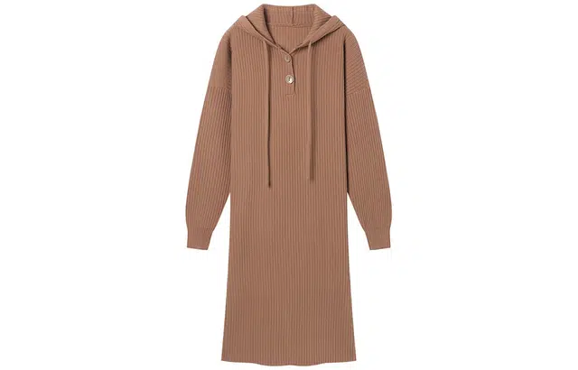 对白 纯色条纹侧摆开叉长袖连帽针织连衣裙 对白