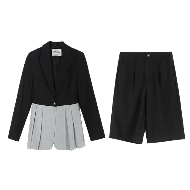 米思阳 撞色压褶西装纯色短款西装套装 女款 黑色
