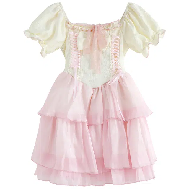 九条喵 蕾丝花边印花方领泡泡袖短款短袖连衣裙 女款 象牙白