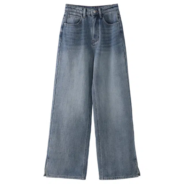 法儿家 复古出街秋冬韩系通勤直筒休闲牛仔裤 女款 蓝色