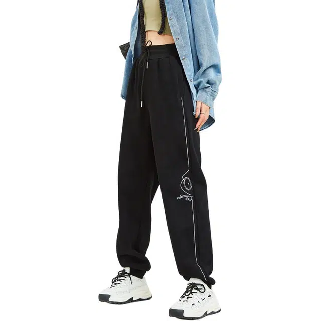 木果果木 春,秋,冬 商场同款设计感运动裤高腰加绒束脚卫裤女休闲裤 宽松 女款 黑色