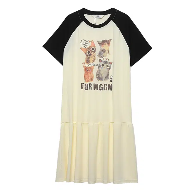 木果果木 撞色小众休闲宽松百搭短袖连衣裙 女款 杏黑