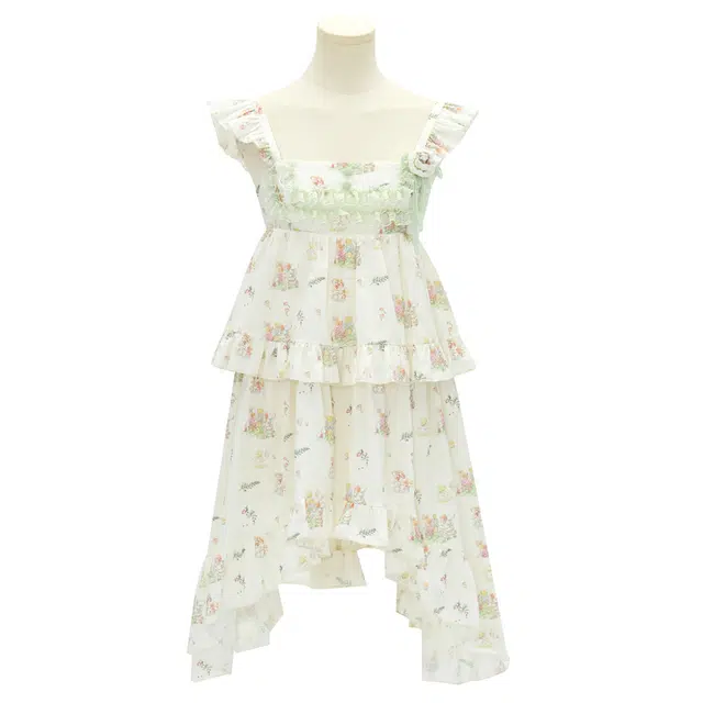 森女部落 森林童话度假风裙子碎花不规则无袖连衣裙 女款 杏色