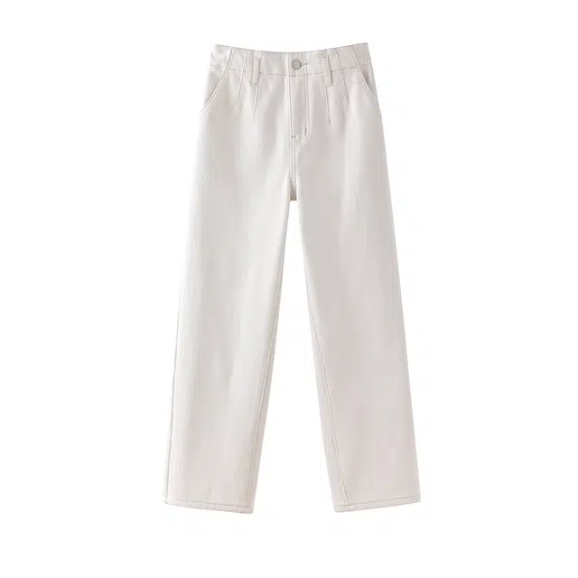 花栗鼠小姐 加绒小白裤 经典休闲百搭高腰九分绒感弹力牛仔裤 女款 白色