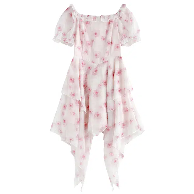 九条喵 玫瑰网纱花朵印花套头短袖连衣裙 女款 粉红色