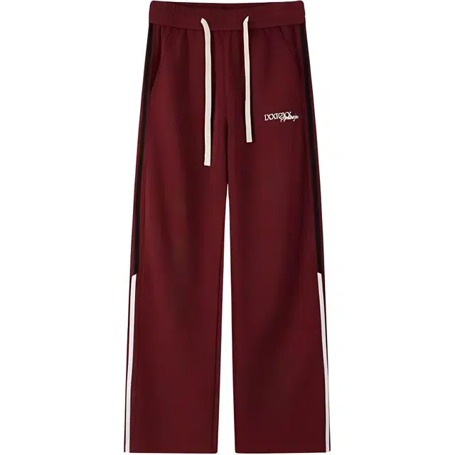 么宁 裤子潮牌痞帅炸街三条杠运动裤青少年美式卫裤宽松直筒百搭情侣休闲裤 男女同款 安哥拉红