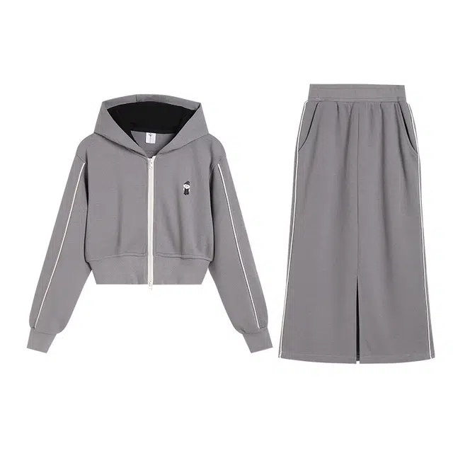 冰淇淋与鲸 休闲长袖运动卫衣连帽高腰中长半身裙卫衣套装 女款