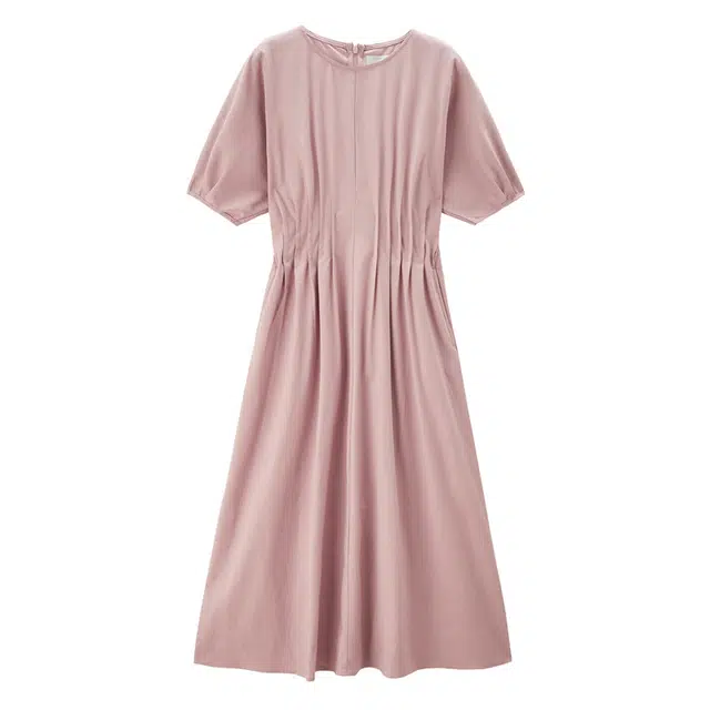 佐丹奴 纯色圆领中腰套头蝙蝠袖长裙短袖连衣裙 女款