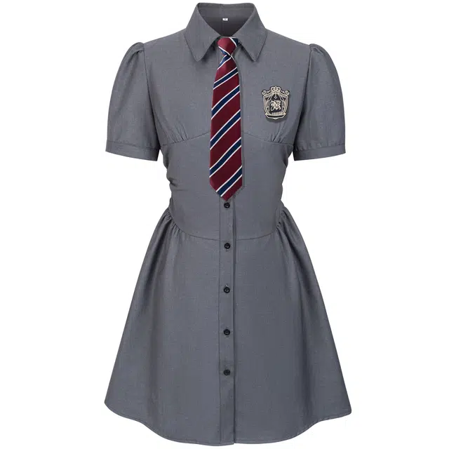 法式收腰紧身泡泡袖领带徽章辣妹短袖连衣裙 女款