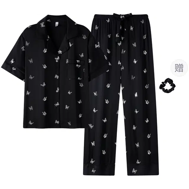 宫蝶 短袖长裤休闲薄款家居服满印可外穿开衫睡衣套装 女款