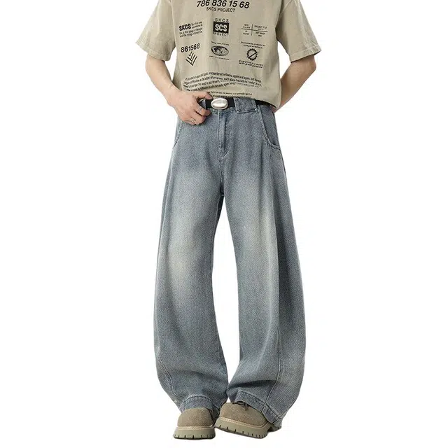 佐菲利 美式复古星空纹理宽松阔腿高级感潮牌水洗做旧弯刀牛仔裤 男女同款