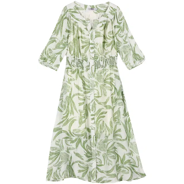 她池 时尚通勤百搭短袖连衣裙 女款 米底绿叶