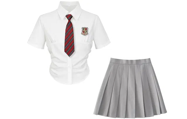 九条喵 收腰单排扣短袖衬衫徽章领带短款纯色半身裙分体套装 女款