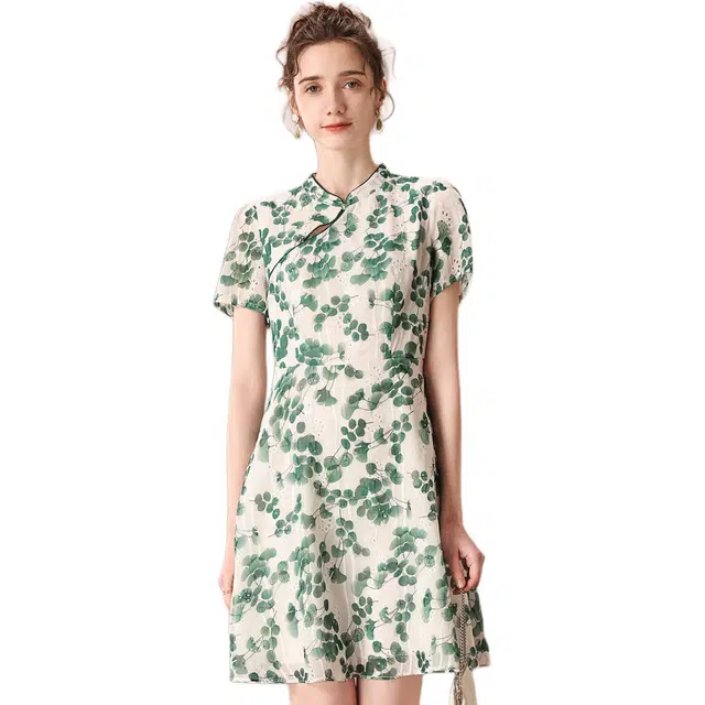 粉红玛琍 新中式通勤立领短袖连衣裙 女款 绿色