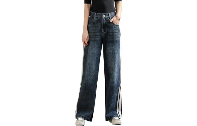 善己 直筒拼接高腰牛仔裤 女款 蓝黑