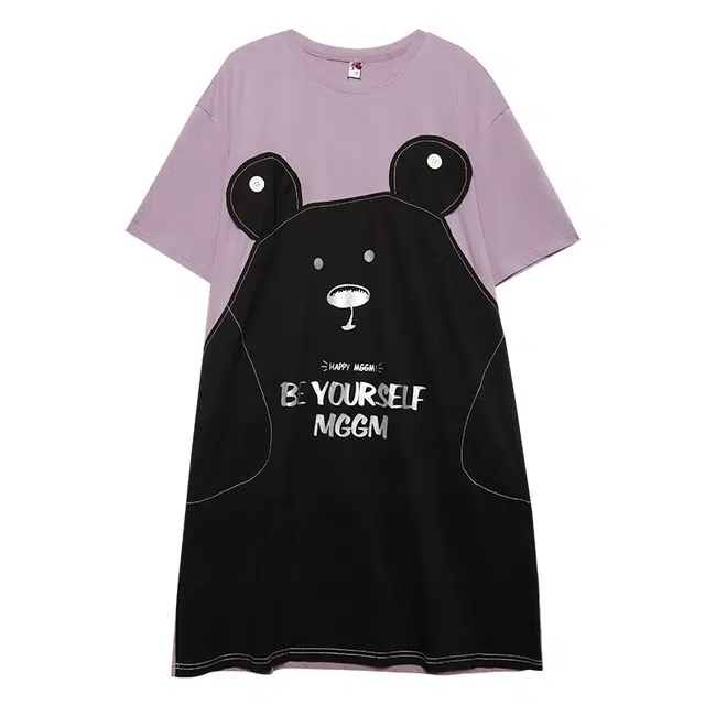 木果果木 童趣拼接设计宽松卡通短袖连衣裙 女款 灰紫