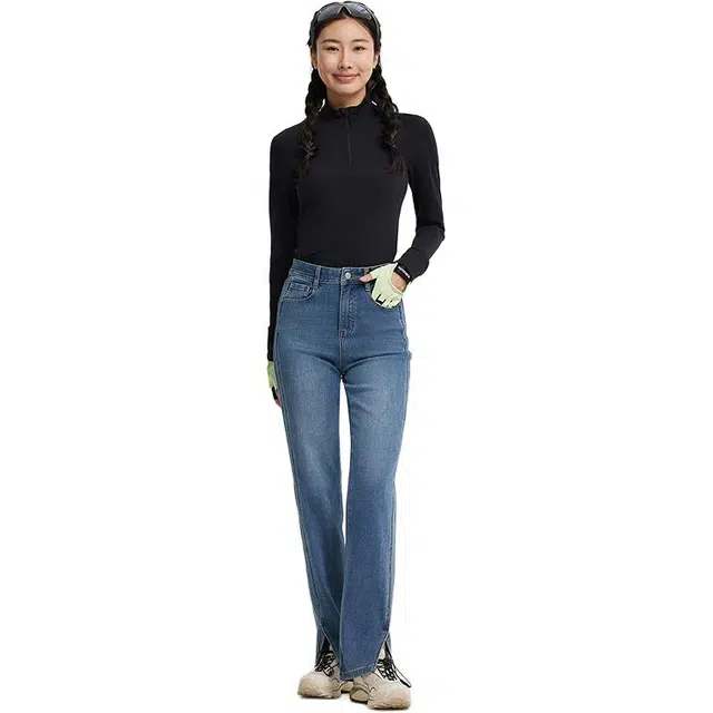 美特斯邦威 水洗休闲百搭舒适直筒开叉牛仔裤 女款