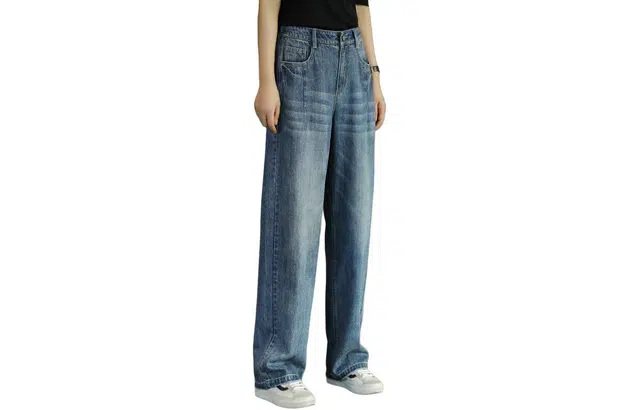 善己 高腰水洗做旧直筒牛仔裤 女款 牛仔蓝