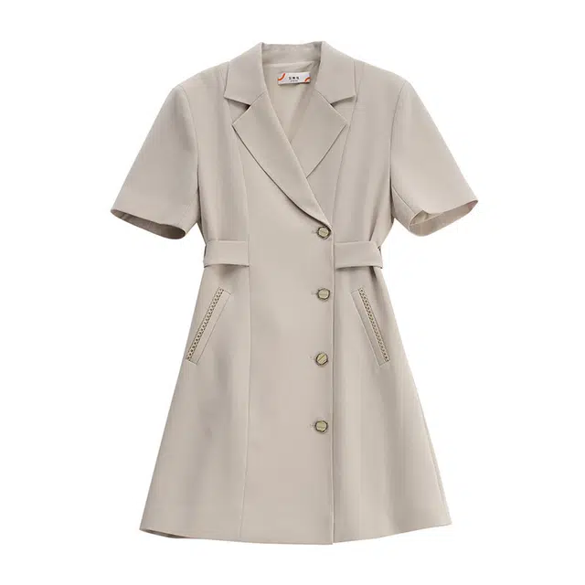 艾莱依 纯色西装领中长款短袖连衣裙 女款