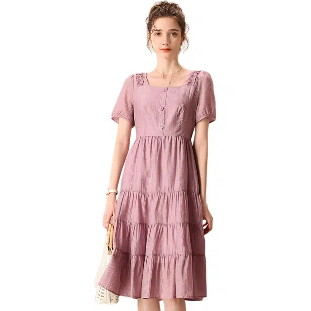 粉红玛琍 薄款方领简约短袖连衣裙 女款 香芋紫