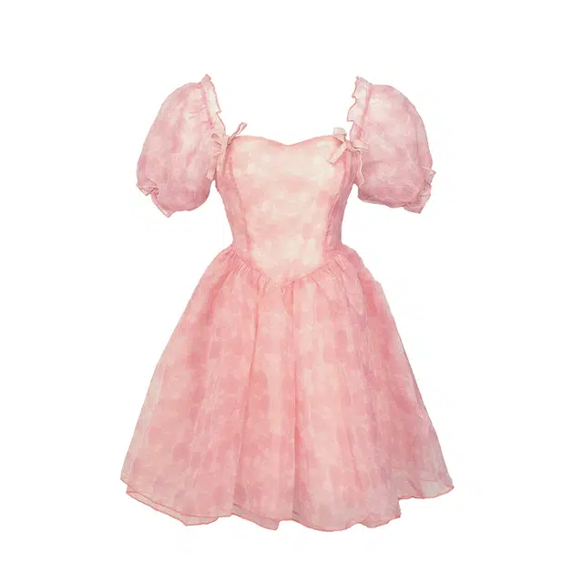 小镇姗姗 樱花酒酿~方领显白收腰连衣裙显瘦泡泡袖公主碎花短裙女夏