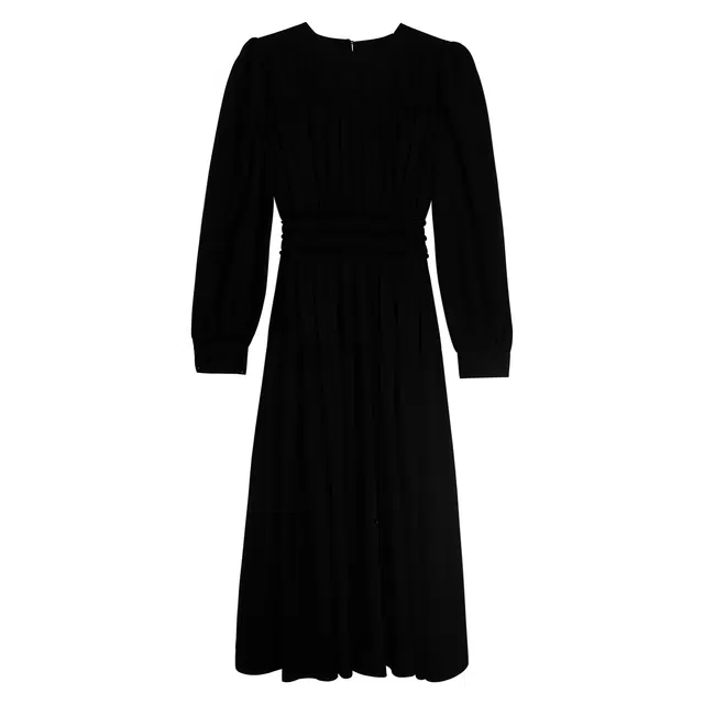 法儿家 纯色圆领皱褶长袖连衣裙 女款