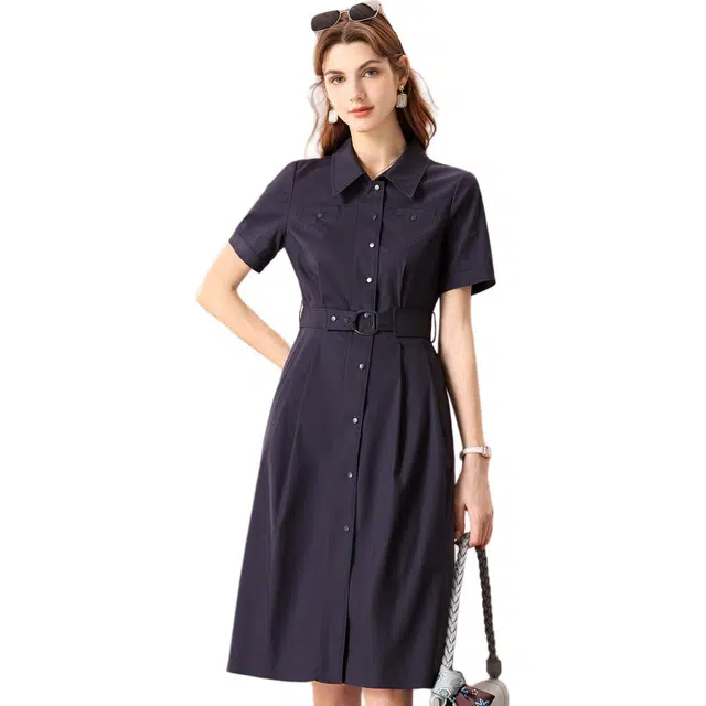 粉红玛琍 中长款翻领高腰短袖连衣裙 女款 藏蓝