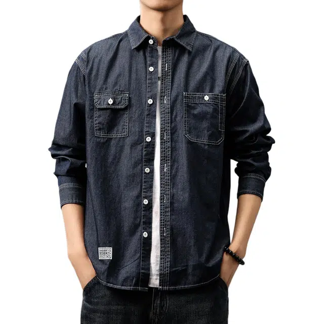 贵色 休闲工装纯色水洗丹宁硬汉外套微磨毛肌理感美式复古薄款长袖衬衫 男女同款