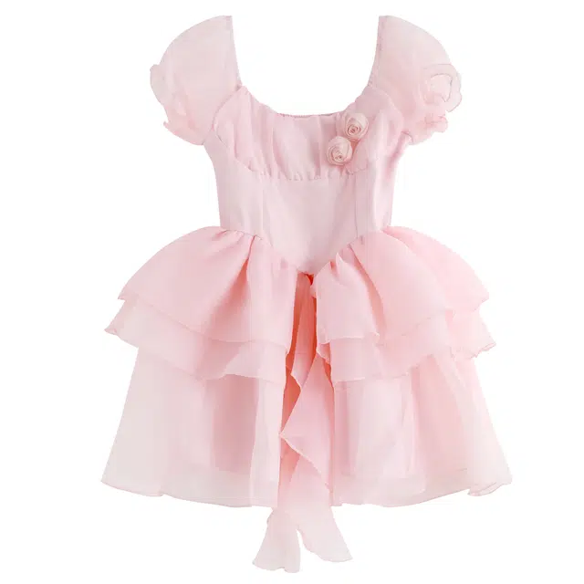 九条喵 蓬蓬收腰网纱不规则短袖连衣裙 女款 粉红色