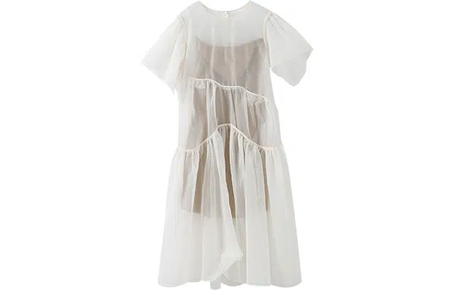 设计感大裙摆泡泡袖短袖连衣裙 女款 米白