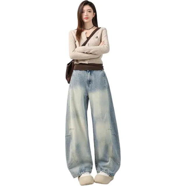 玫丝朵 美式做旧拼接设计宽松阔腿牛仔裤 女款 水洗蓝