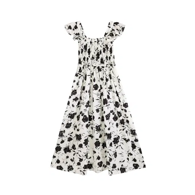 麓蔓蒂 法式茶歇飞飞袖方领碎花收腰显瘦显高仙女长裙短袖连衣裙 女款