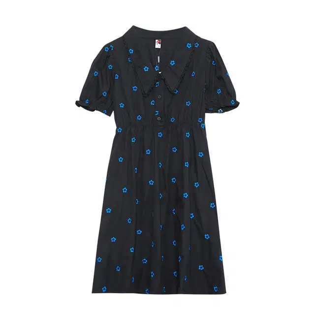 木果果木 法式收腰泡泡袖翻领中长款短袖连衣裙 女款 黑底蓝花