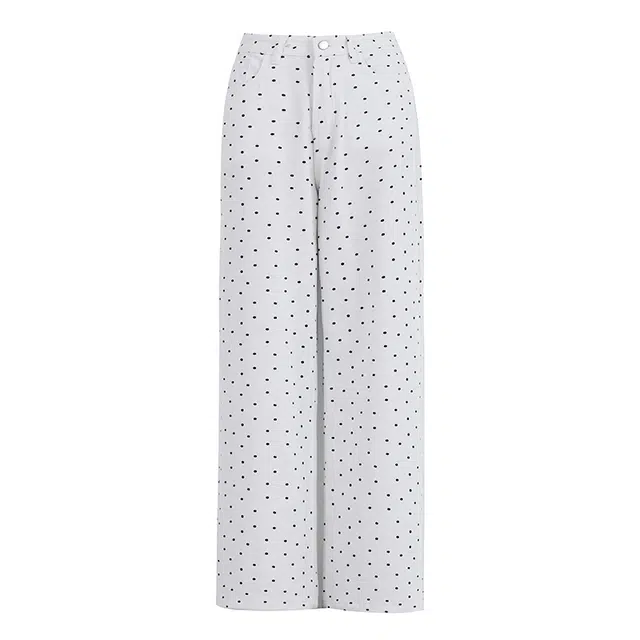 玉儿恋 韩版复古波点碎花高腰宽松直筒牛仔裤 女款