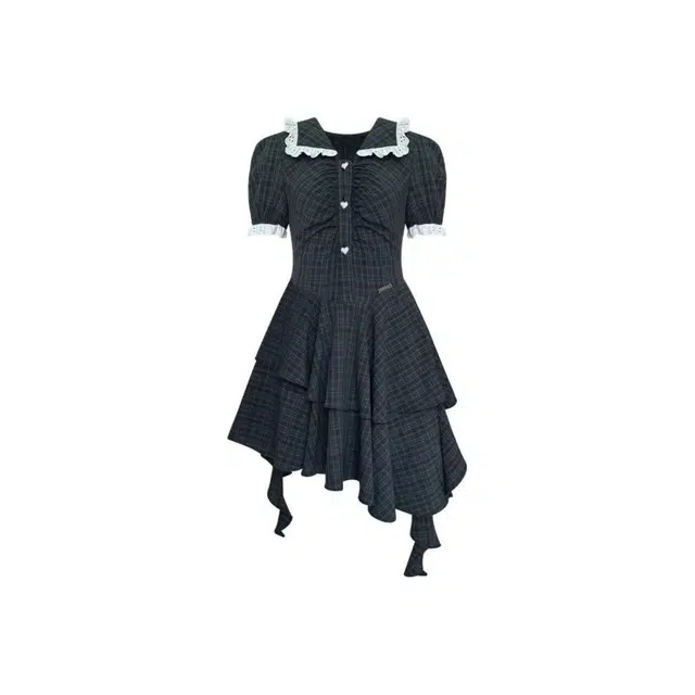 桴生 美式复古格纹收腰娃娃领不规则蛋糕式辣妹裙短袖连衣裙 女款