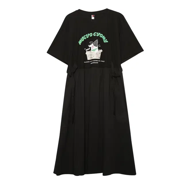 木果果木 拼接设计中长款学院风卡通印花短袖连衣裙 女款 黑色