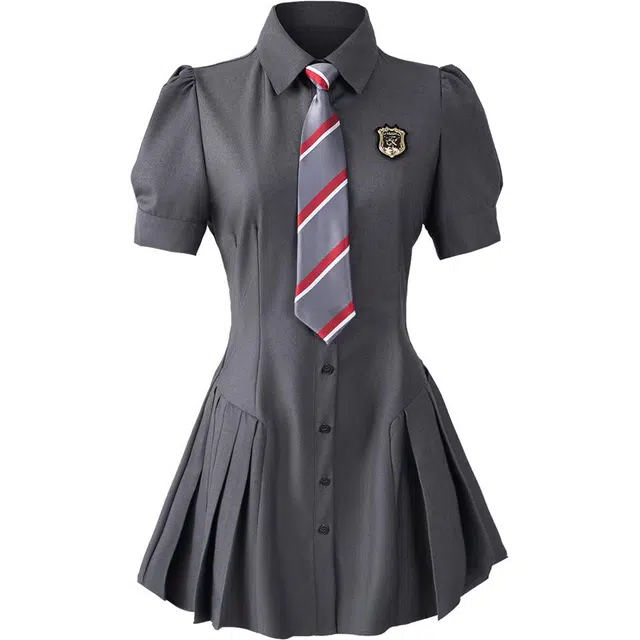 收腰百褶纯色百褶裙短袖连衣裙 女款 灰色