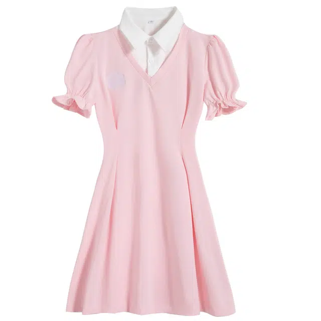 九条喵 学院风拼色翻领收腰泡泡袖短袖连衣裙 女款 粉红色