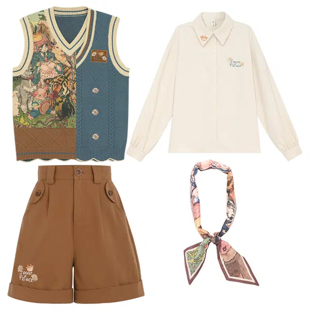 森女部落 复古拼色卡通马甲长袖衬衫休闲短裤套装 女款 动物乐园