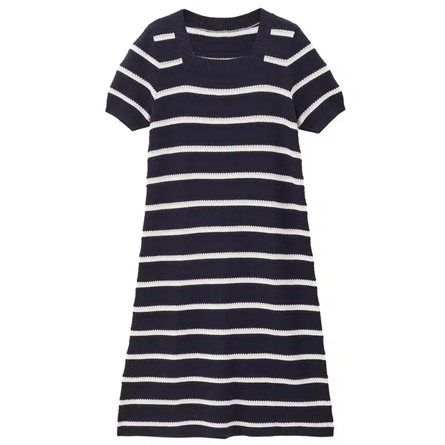 佐丹奴 纯棉毛织提花方领针织短袖连衣裙 女款 蓝白条纹