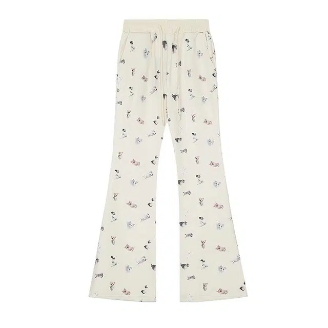 哒头下雨不愁 美式卡通小猫印花高腰夏季微喇卫裤显瘦马蹄微喇裤子休闲裤 女款 杏色