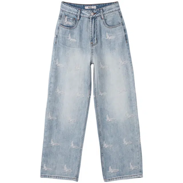 她池 蝴蝶刺绣甜美减龄水洗高腰长裤直筒牛仔裤 女款 浅蓝色