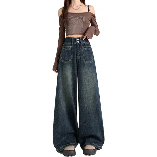 涂诗菲 复古简约百搭显瘦垂感高腰双扣阔腿牛仔裤 女款 深蓝色