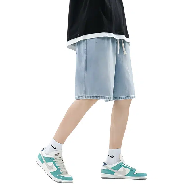 法文箱子 薄款宽松休闲潮牌运动五分牛仔短裤 男款