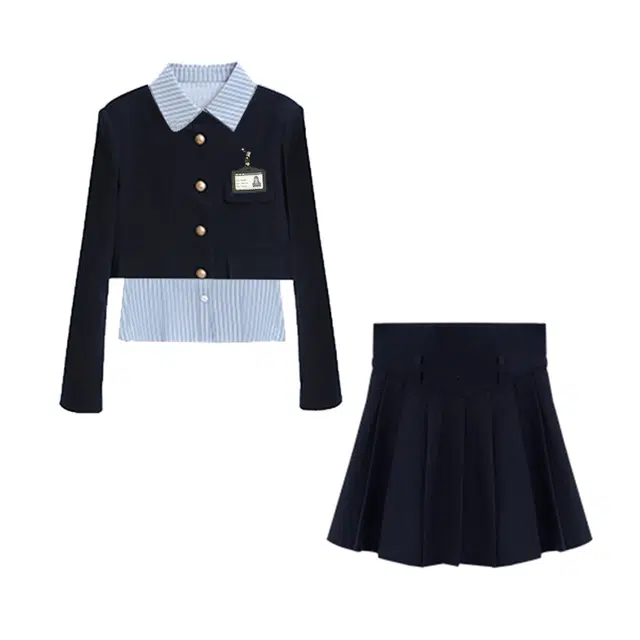 冰淇淋与鲸 学院风纯色单排扣西装条纹长袖衬衫高腰百褶半身裙西装套装 女款