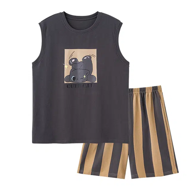 顶瓜瓜 无袖背心可爱卡通小黑猫条纹休闲舒适家居服睡衣套装 男款